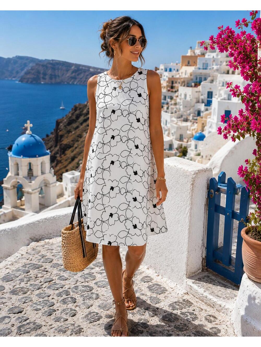 VASNA Blue White Floral Shift Dress Sleeveless Midi Dress Embroidery Medium